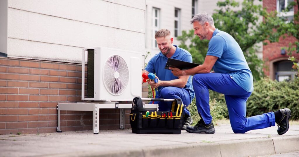Twee vakmannen die bezig zijn met een lucht warmtepomp te installeren.