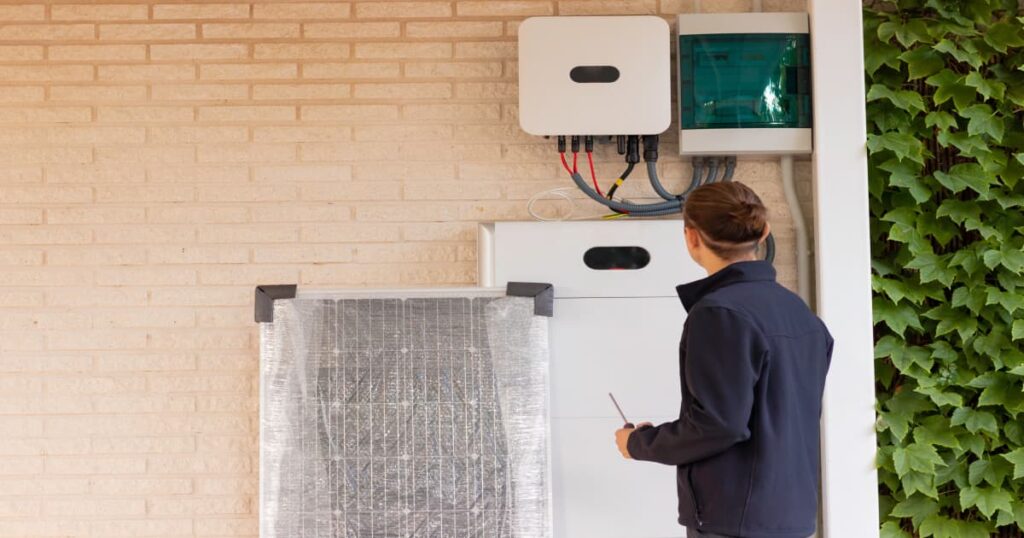 Een installateur die kijkt naar de installatie van een thuisbatterij.