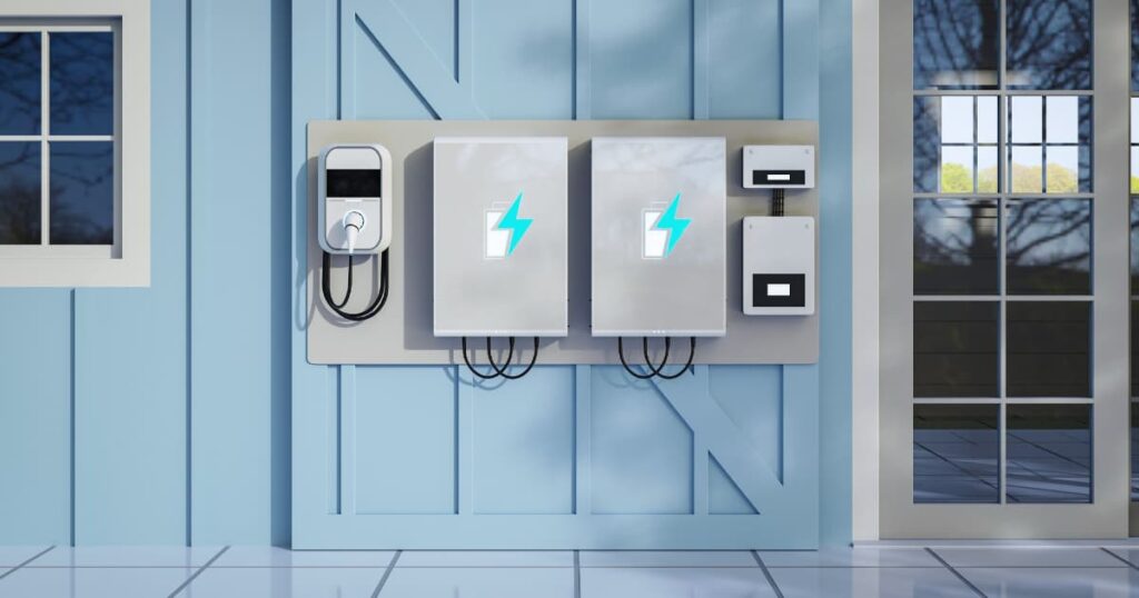 Twee thuisbatterijen met een bliksem logo op de doos. Er is een aansluiting voor een elektrische wagen bij.