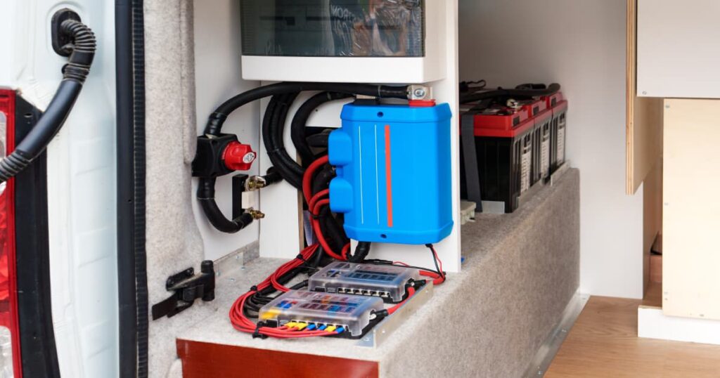 In de hoek van de kast staat een blauwe doos met een thuisbatterij, verbonden met bedrading die naar het stopcontact leidt.