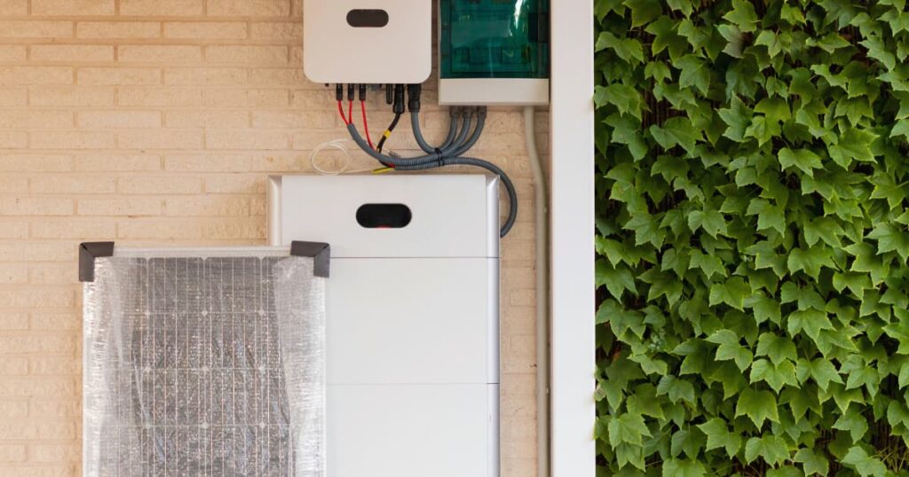 Een thuisbatterij met een omvormer. Daarnaast is een zonnepaneel nog in de verpakking.