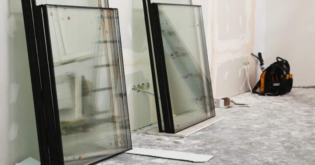 Twee stapels van dubbele beglazing naast elkaar tegen een muur gezet.