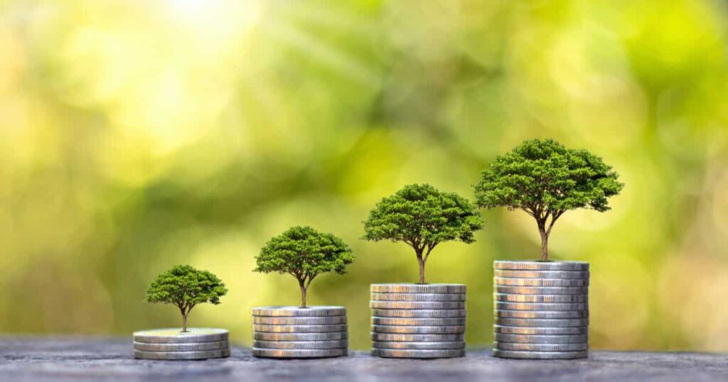 Verschillende stapels met munten waarop een boom is geplaatst als symbool van geld besparing.