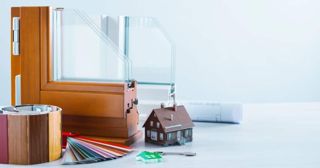 Twee voorbeelden van ramen met dubbele beglazing. De linkse heeft een houten frame en de rechtste een aluminium frame.