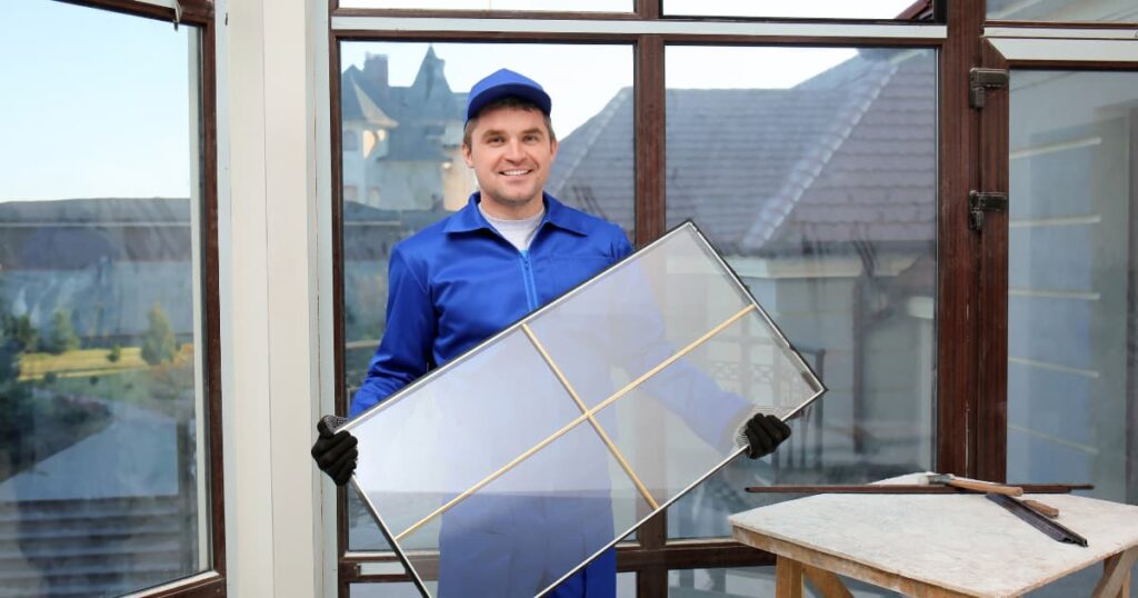 Een vakman in een blauw pak dat een stuk beglazing van een raam vastheeft.